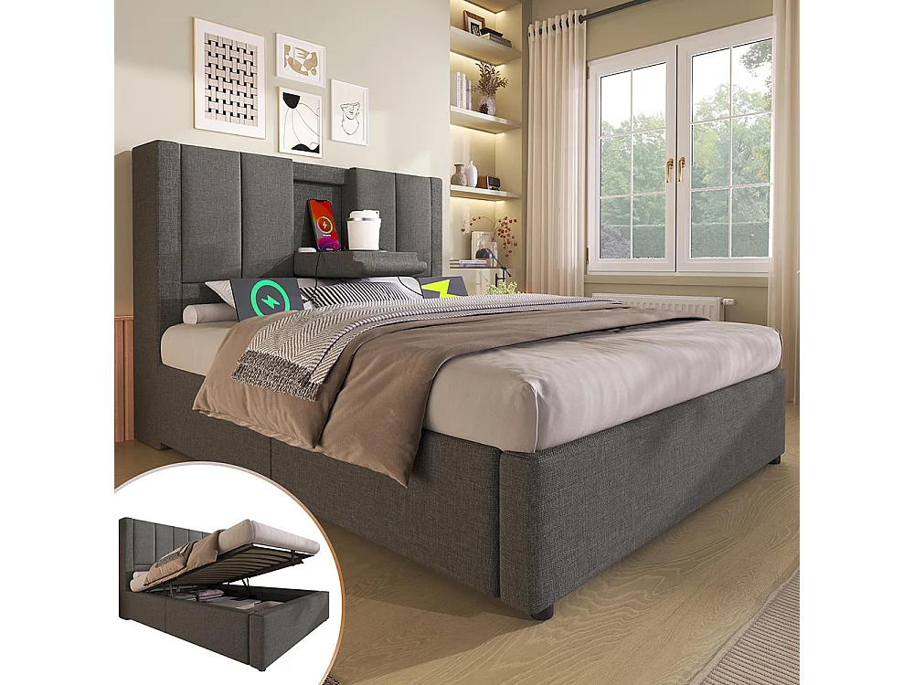 Lit coffre rembourré 90x200 cm avec porte-gobelet - Ports USB et Type C - Lit hydraulique avec rangement - Lin - Gris