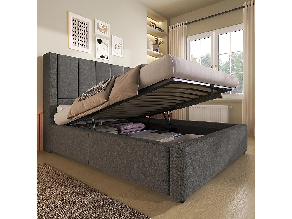 Lit coffre rembourré 90x200 cm avec porte-gobelet - Ports USB et Type C - Lit hydraulique avec rangement - Lin - Gris