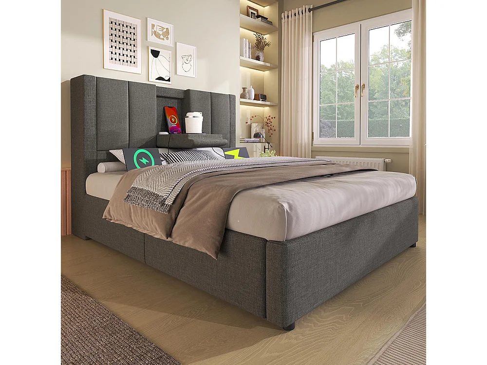 Lit coffre rembourré 90x200 cm avec porte-gobelet - Ports USB et Type C - Lit hydraulique avec rangement - Lin - Gris