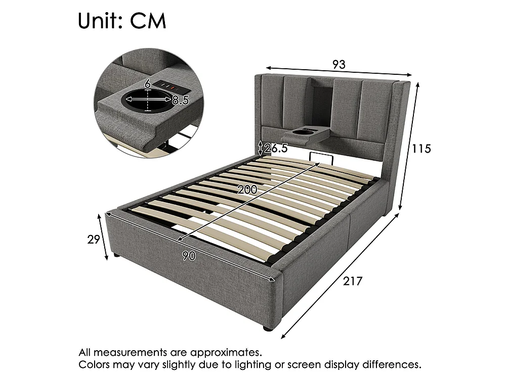 Lit coffre rembourré 90x200 cm avec porte-gobelet - Ports USB et Type C - Lit hydraulique avec rangement - Lin - Gris