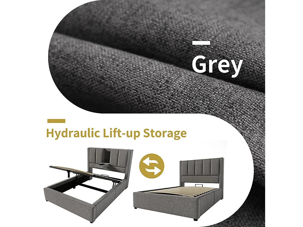 Lit coffre rembourré 90x200 cm avec porte-gobelet - Ports USB et Type C - Lit hydraulique avec rangement - Lin - Gris