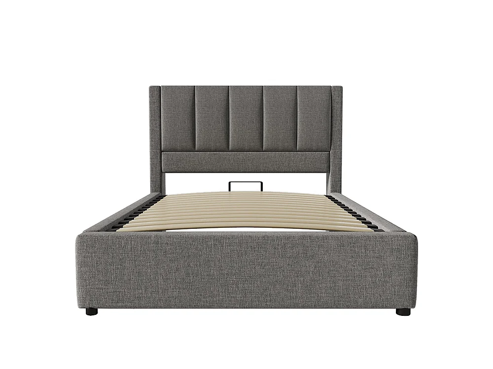 Lit coffre rembourré 90x200 cm avec porte-gobelet - Ports USB et Type C - Lit hydraulique avec rangement - Lin - Gris