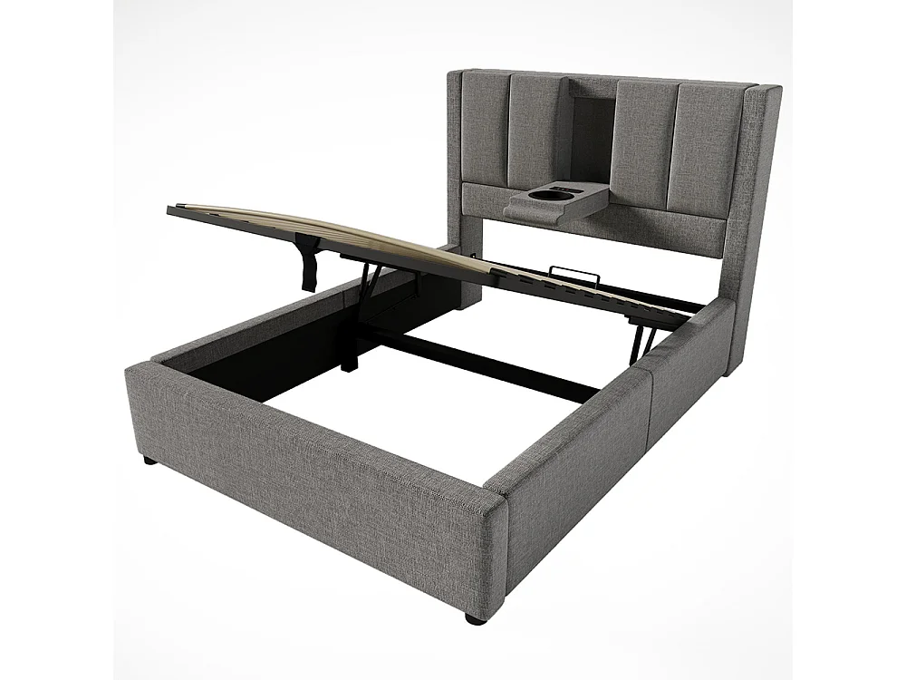 Lit coffre rembourré 90x200 cm avec porte-gobelet - Ports USB et Type C - Lit hydraulique avec rangement - Lin - Gris