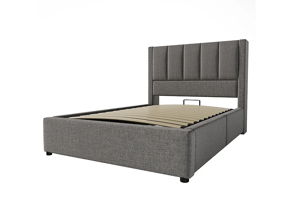 Lit coffre rembourré 90x200 cm avec porte-gobelet - Ports USB et Type C - Lit hydraulique avec rangement - Lin - Gris