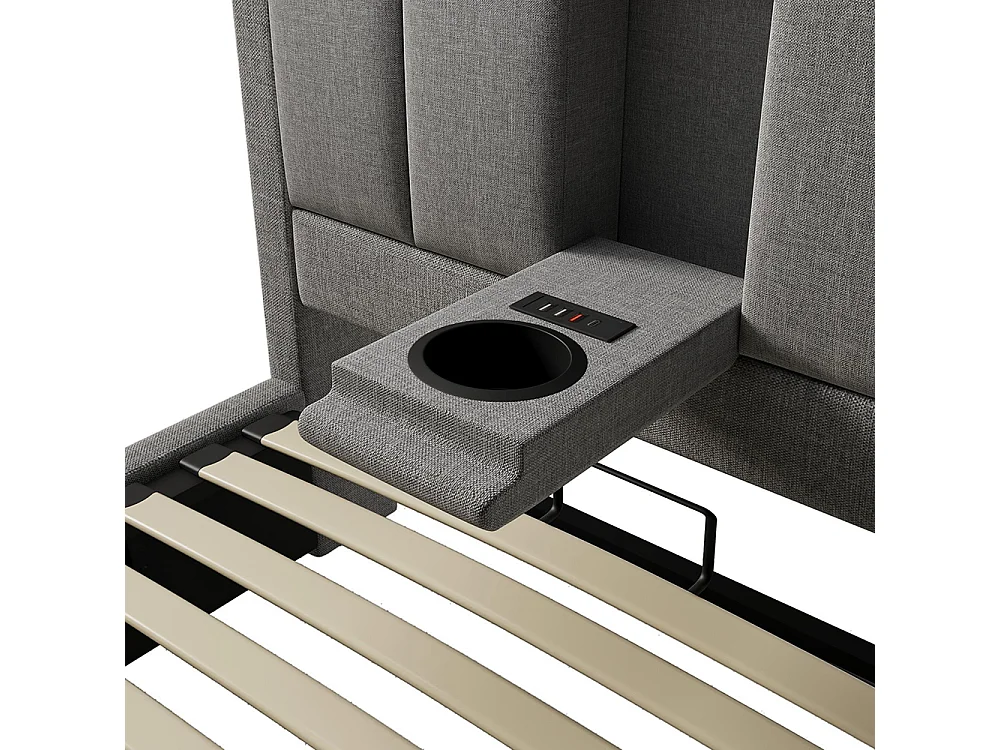 Lit coffre rembourré 90x200 cm avec porte-gobelet - Ports USB et Type C - Lit hydraulique avec rangement - Lin - Gris