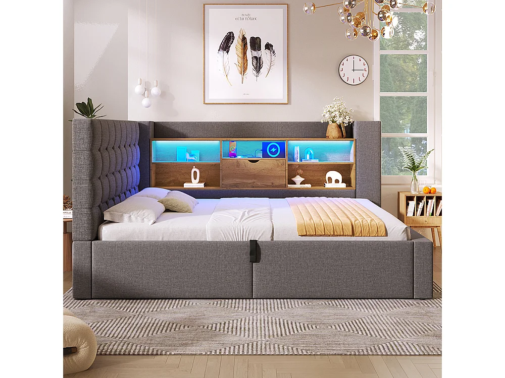 Canapé lit coffre 90 x 190 cm, éclairage LED et port USB-Type C, Tête de lit en L avec rangement, Sommier à lattes, Lin, Gris