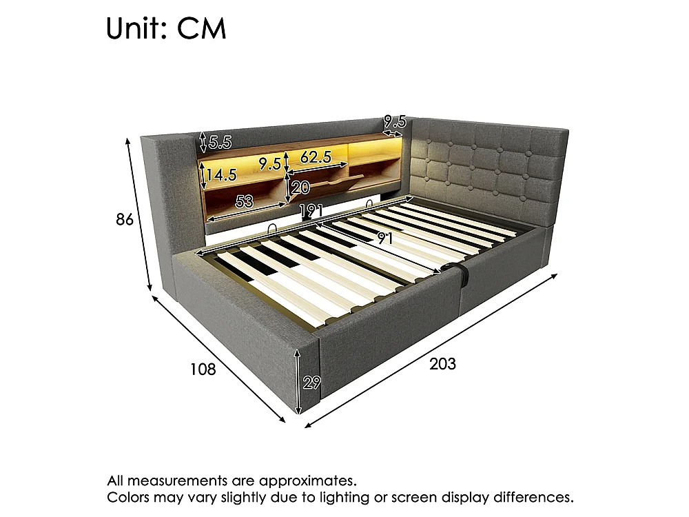 Canapé lit coffre 90 x 190 cm, éclairage LED et port USB-Type C, Tête de lit en L avec rangement, Sommier à lattes, Lin, Gris