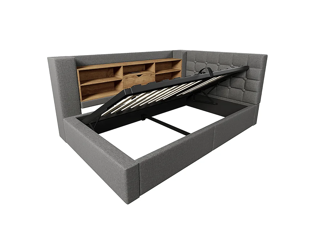 Canapé lit coffre 90 x 190 cm, éclairage LED et port USB-Type C, Tête de lit en L avec rangement, Sommier à lattes, Lin, Gris