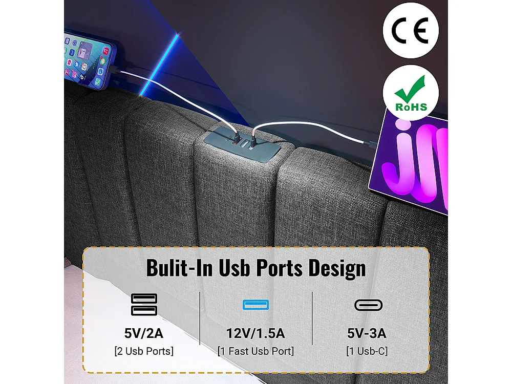 Lit coffre rembourré en lin 160x200 cm - App Control LED - Ports USB-C - Sommier à lattes - Gris