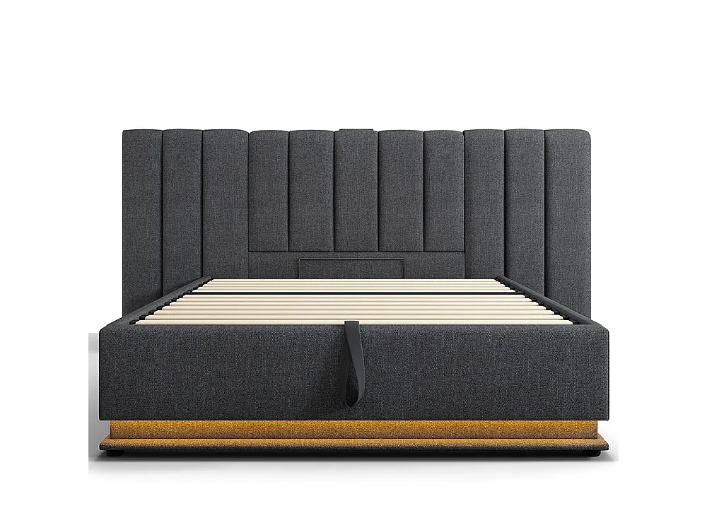 Lit coffre rembourré en lin 160x200 cm - App Control LED - Ports USB-C - Sommier à lattes - Gris