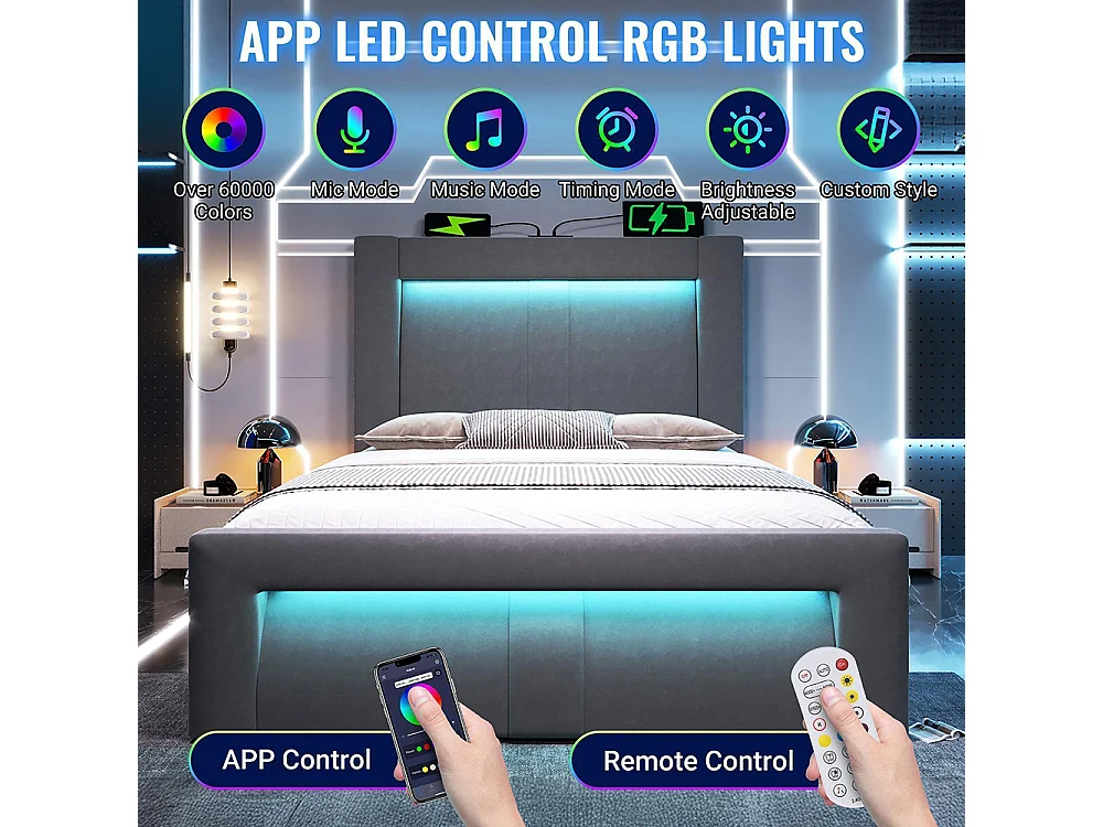 Lit coffre rembourré 90x200 cm, Lit simple avec rangement, APP-Control LED, USB et Type-C, Tête de lit incurvée, Velours, Gris