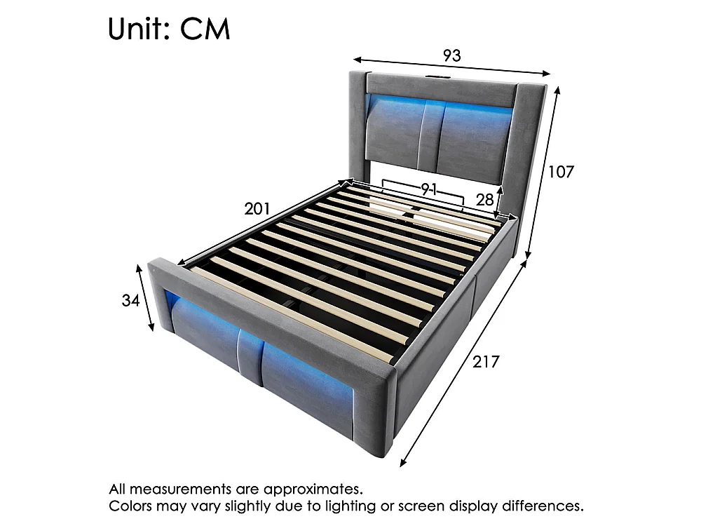 Lit coffre rembourré 90x200 cm, Lit simple avec rangement, APP-Control LED, USB et Type-C, Tête de lit incurvée, Velours, Gris