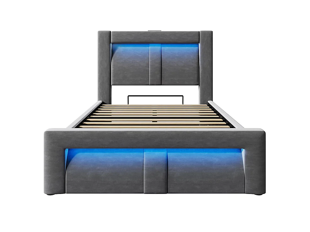Lit coffre rembourré 90x200 cm, Lit simple avec rangement, APP-Control LED, USB et Type-C, Tête de lit incurvée, Velours, Gris
