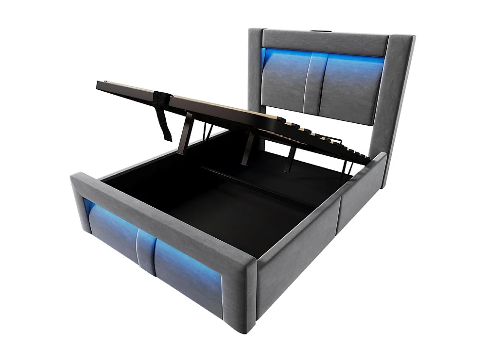 Lit coffre rembourré 90x200 cm, Lit simple avec rangement, APP-Control LED, USB et Type-C, Tête de lit incurvée, Velours, Gris
