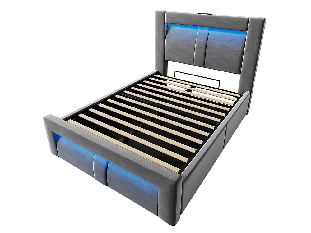 Lit coffre rembourré 90x200 cm, Lit simple avec rangement, APP-Control LED, USB et Type-C, Tête de lit incurvée, Velours, Gris