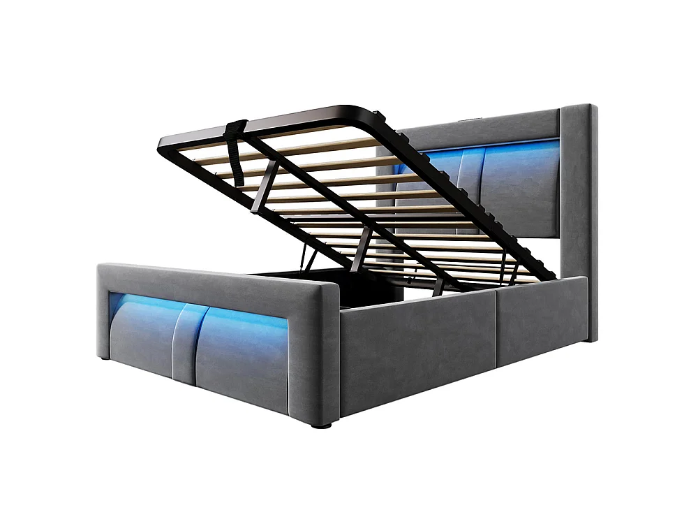 Lit coffre rembourré 90x200 cm, Lit simple avec rangement, APP-Control LED, USB et Type-C, Tête de lit incurvée, Velours, Gris