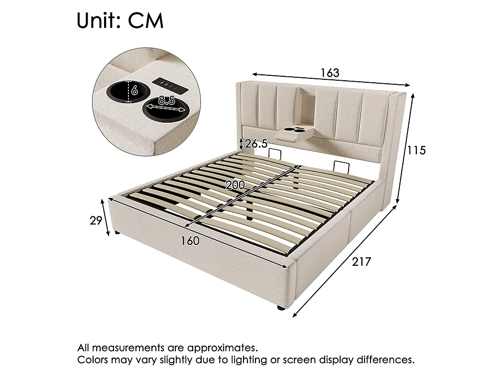Lit coffre rembourré 160x200 cm avec porte-gobelet - Ports USB et Type C - Lit hydraulique avec rangement - Lin - Beige