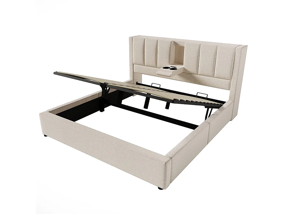 Lit coffre rembourré 160x200 cm avec porte-gobelet - Ports USB et Type C - Lit hydraulique avec rangement - Lin - Beige