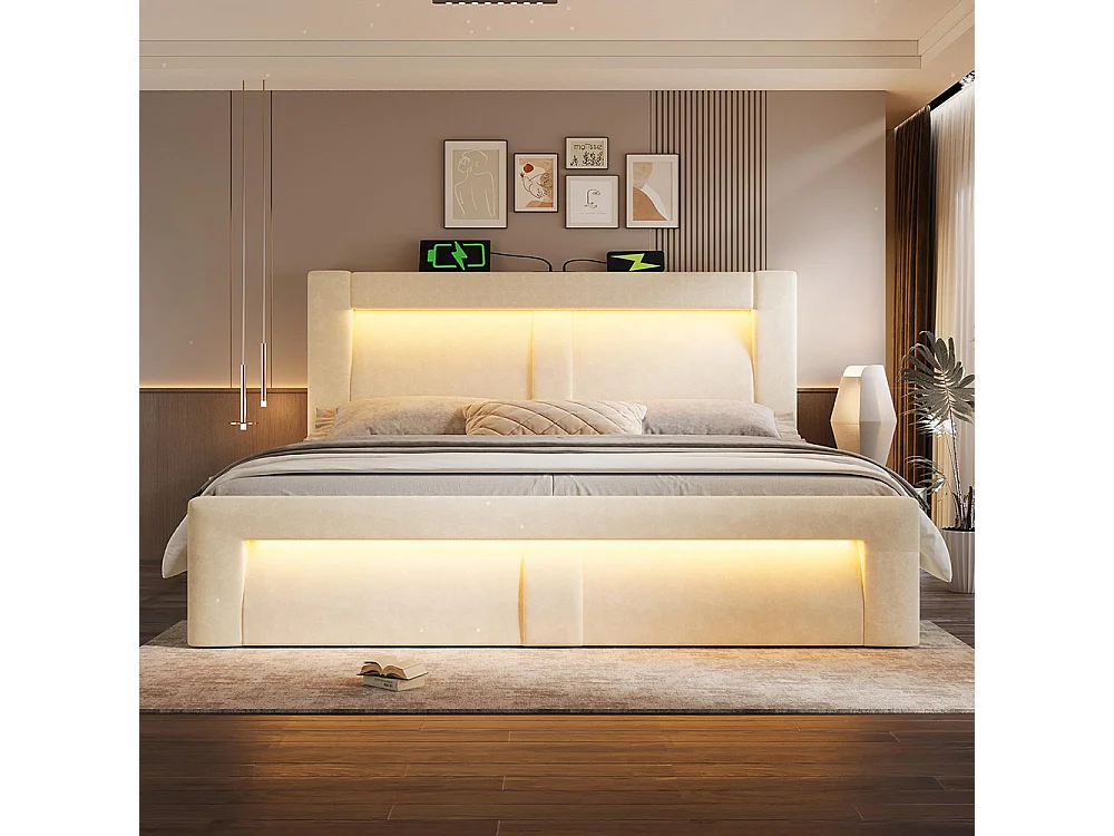 Lit coffre rembourré 180x200 cm, Lit double avec rangement, APP-Control LED, USB et Type-C, Tête de lit incurvée, Velours, Beige