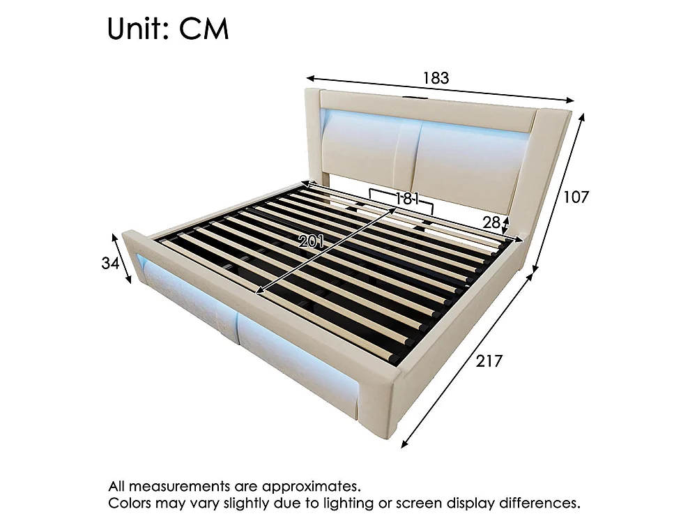 Lit coffre rembourré 180x200 cm, Lit double avec rangement, APP-Control LED, USB et Type-C, Tête de lit incurvée, Velours, Beige