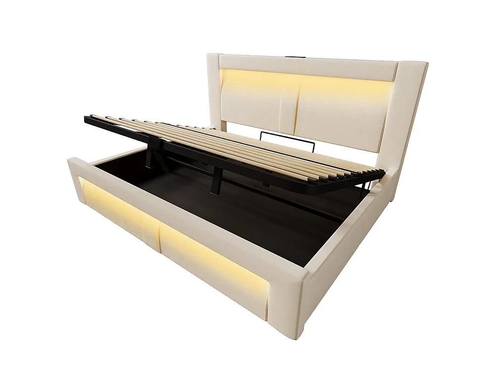 Lit coffre rembourré 180x200 cm, Lit double avec rangement, APP-Control LED, USB et Type-C, Tête de lit incurvée, Velours, Beige