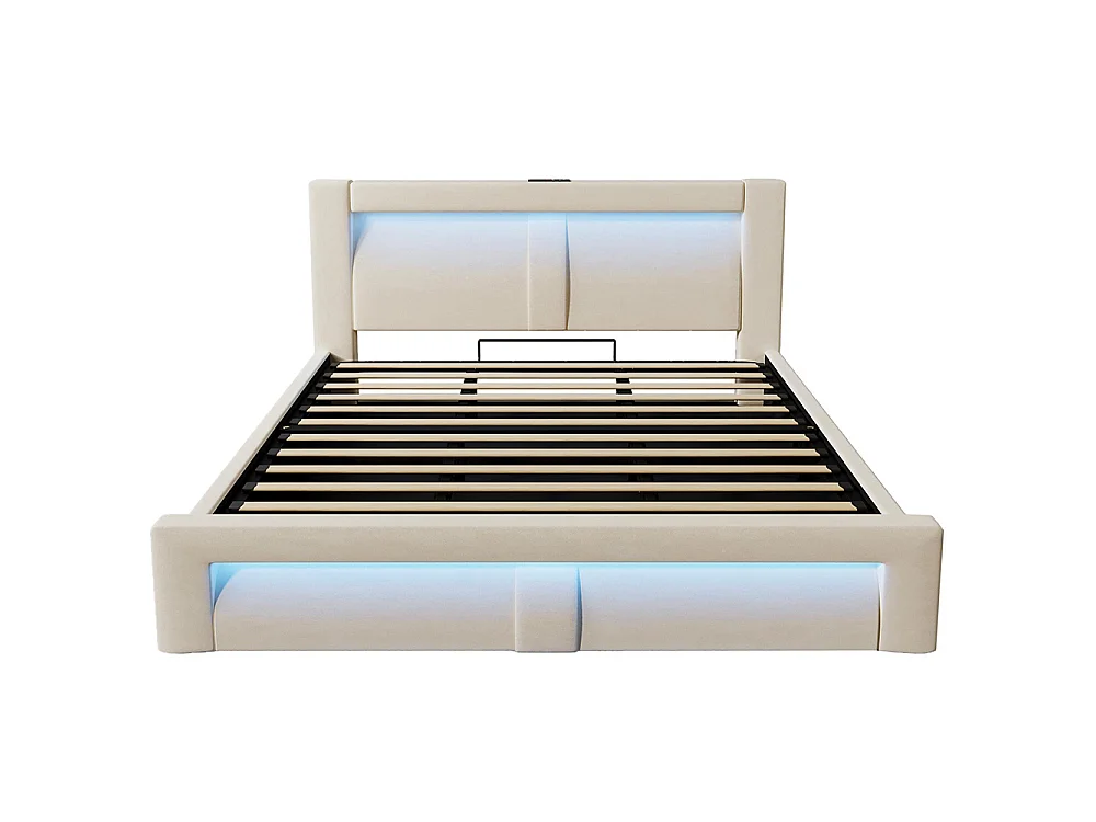 Lit coffre rembourré 180x200 cm, Lit double avec rangement, APP-Control LED, USB et Type-C, Tête de lit incurvée, Velours, Beige
