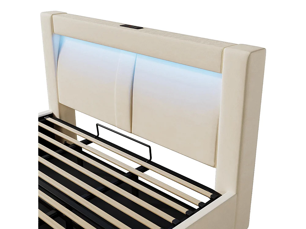 Lit coffre rembourré 180x200 cm, Lit double avec rangement, APP-Control LED, USB et Type-C, Tête de lit incurvée, Velours, Beige