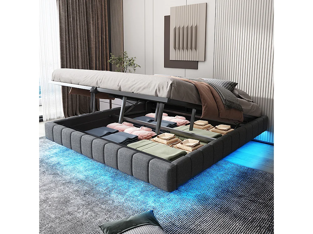 Lit coffre - 180x200 - Lin gris - Éclairage LED réglable - Rangement hydraulique - Sommier inclus