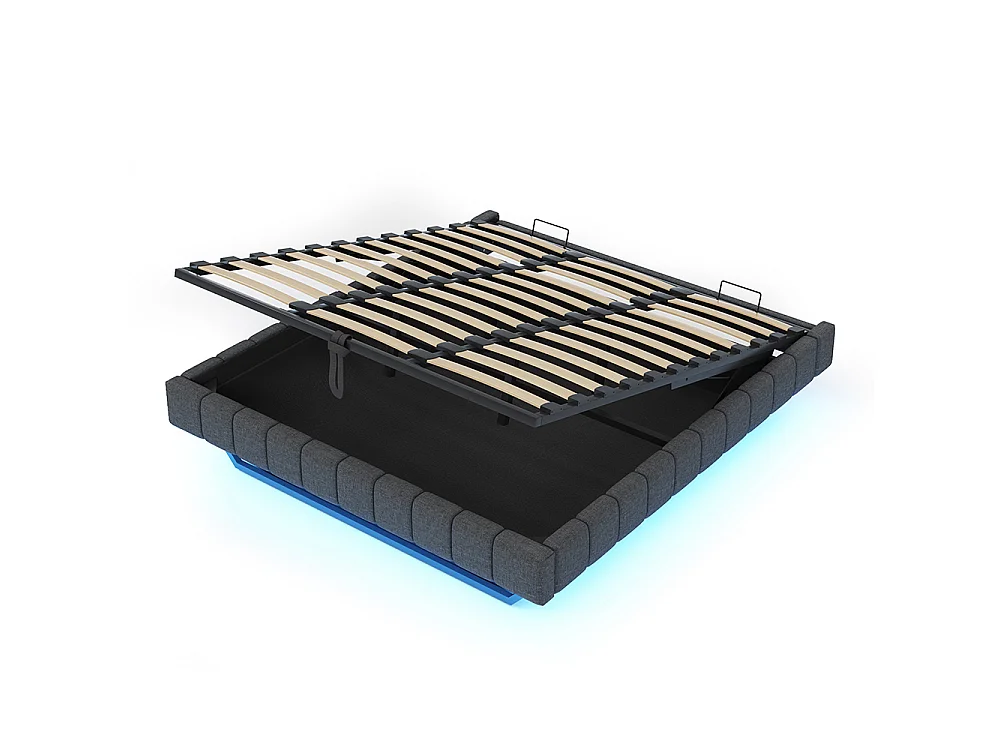 Lit coffre - 180x200 - Lin gris - Éclairage LED réglable - Rangement hydraulique - Sommier inclus