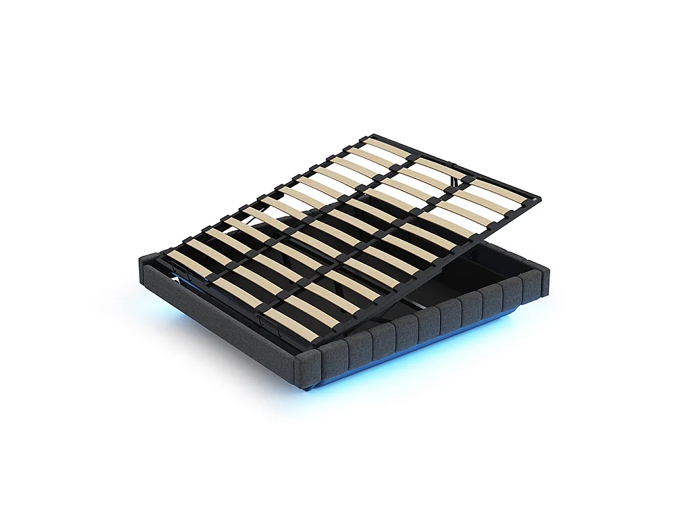 Lit coffre - 180x200 - Lin gris - Éclairage LED réglable - Rangement hydraulique - Sommier inclus