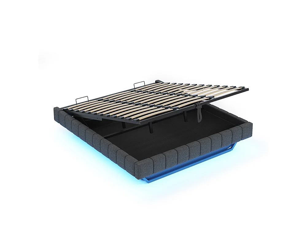 Lit coffre - 180x200 - Lin gris - Éclairage LED réglable - Rangement hydraulique - Sommier inclus