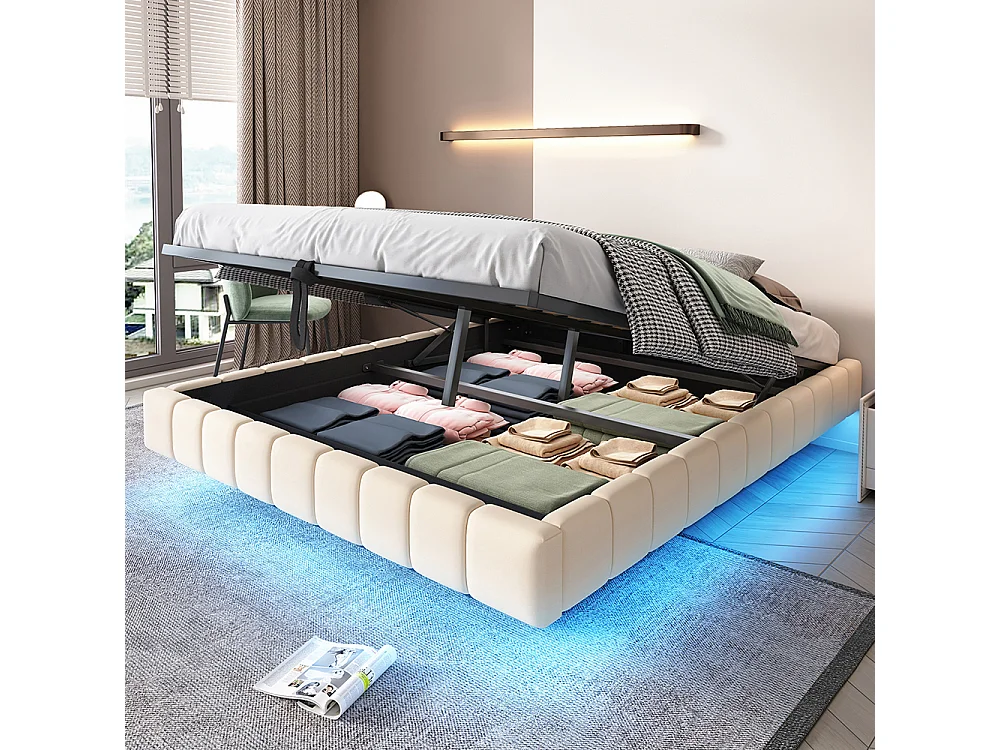 Lit coffre - 160x200 - Lin beige - Éclairage LED réglable - Rangement hydraulique - Sommier inclus