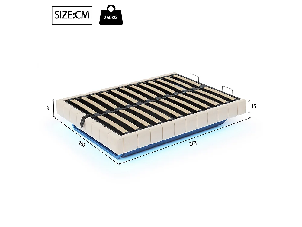 Lit coffre - 160x200 - Lin beige - Éclairage LED réglable - Rangement hydraulique - Sommier inclus
