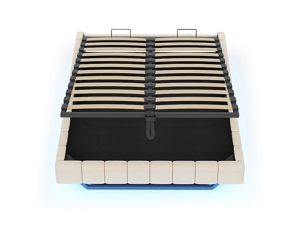 Lit coffre - 160x200 - Lin beige - Éclairage LED réglable - Rangement hydraulique - Sommier inclus
