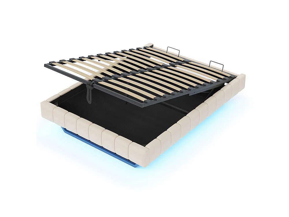 Lit coffre - 160x200 - Lin beige - Éclairage LED réglable - Rangement hydraulique - Sommier inclus