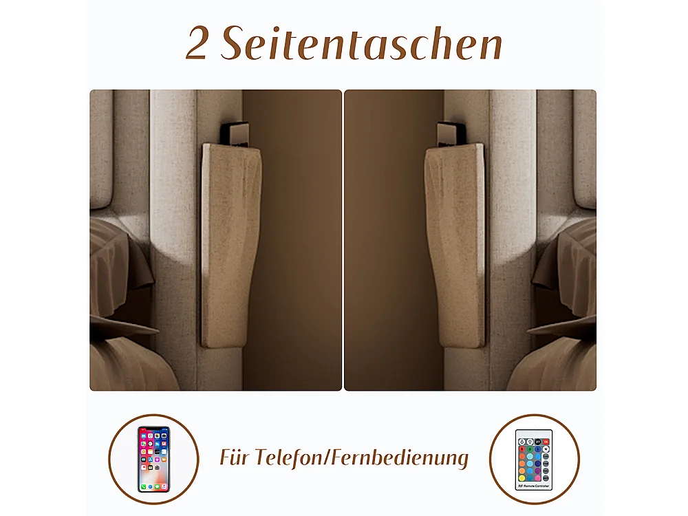Lit Coffre 160 x 200 cm - avec LED et port USB-C - Tête de lit capitonné avec étagères ouvertes - Sommier à lattes - Beige - Coton