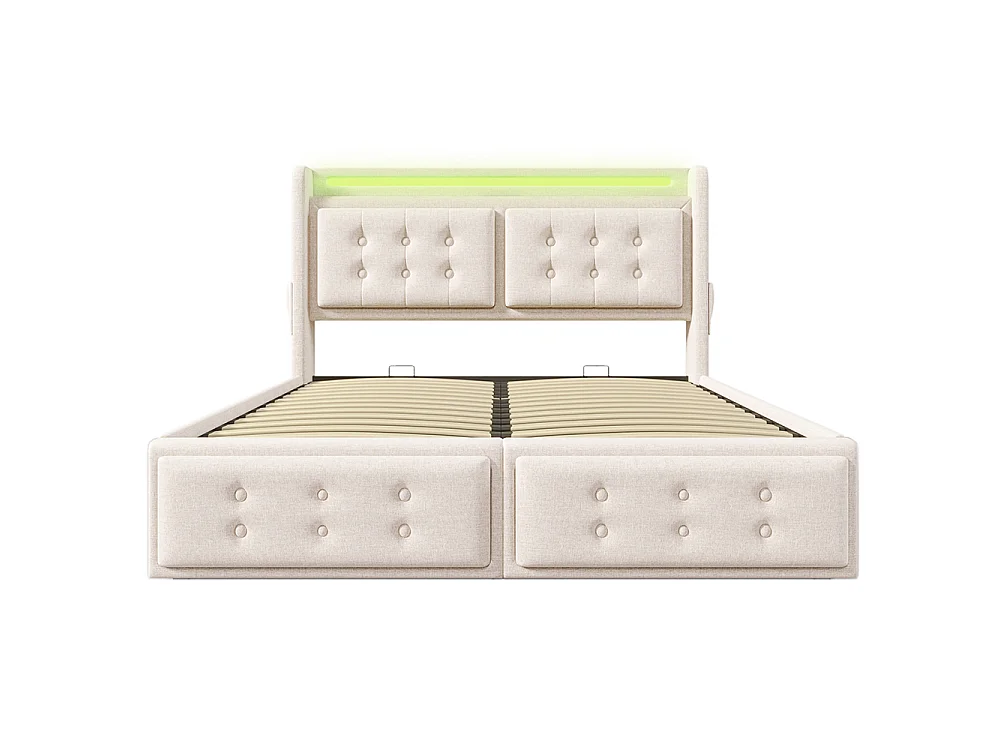 Lit Coffre 160 x 200 cm - avec LED et port USB-C - Tête de lit capitonné avec étagères ouvertes - Sommier à lattes - Beige - Coton