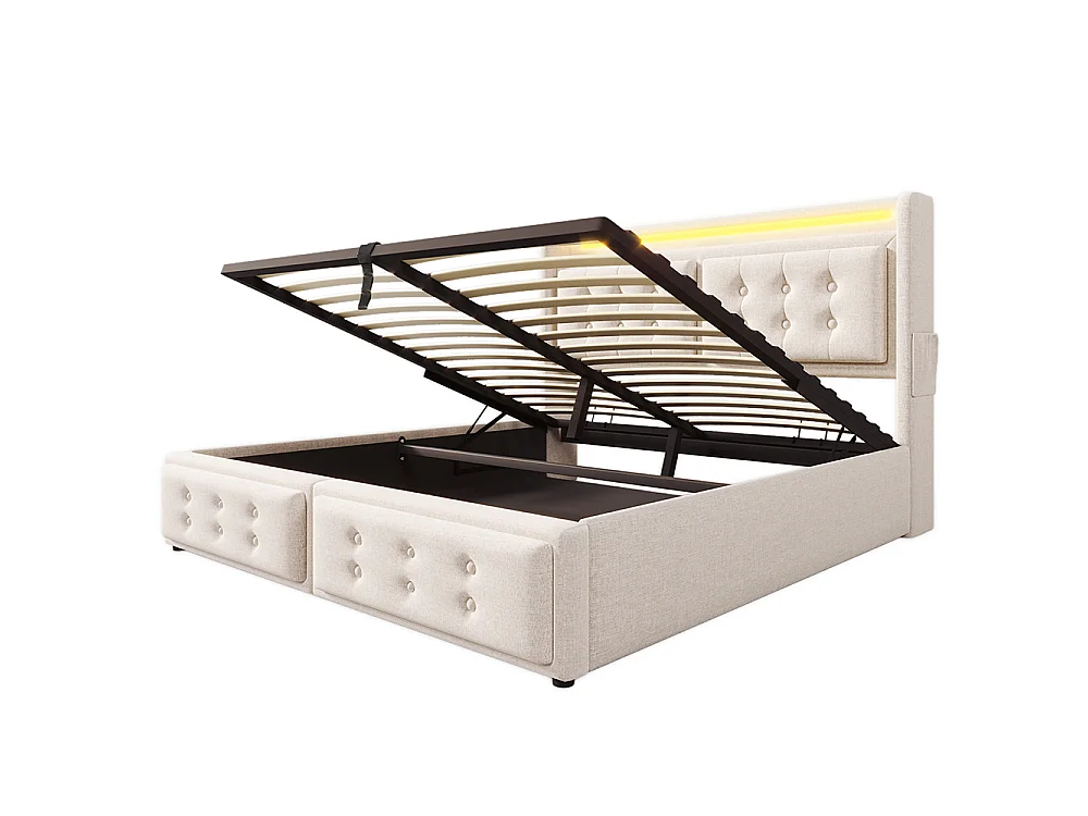 Lit Coffre 160 x 200 cm - avec LED et port USB-C - Tête de lit capitonné avec étagères ouvertes - Sommier à lattes - Beige - Coton
