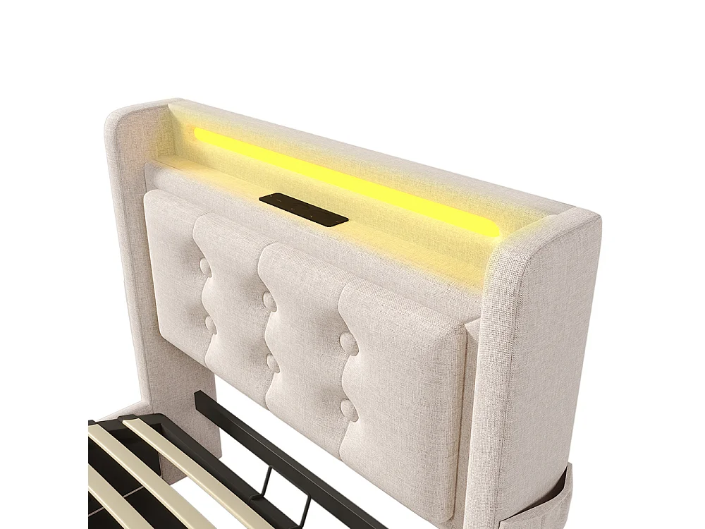Lit Coffre 160 x 200 cm - avec LED et port USB-C - Tête de lit capitonné avec étagères ouvertes - Sommier à lattes - Beige - Coton