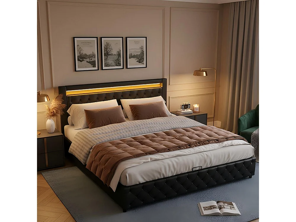 Lit adulte rembourré 140x190 cm, Lit coffre avec éclairage LED, sommier à lattes, rangement hydraulique, tissu en PU, noir