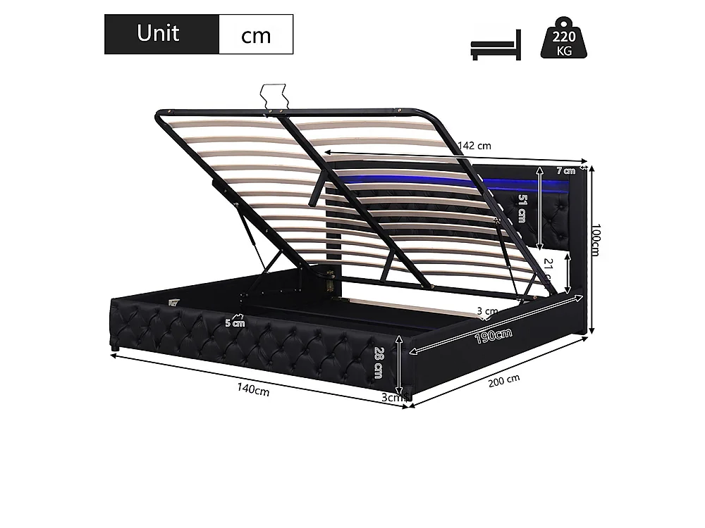 Lit adulte rembourré 140x190 cm, Lit coffre avec éclairage LED, sommier à lattes, rangement hydraulique, tissu en PU, noir