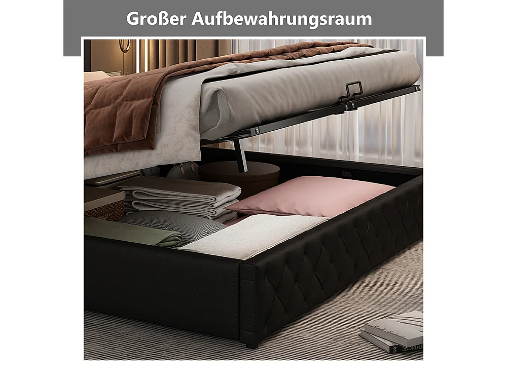Lit adulte rembourré 140x190 cm, Lit coffre avec éclairage LED, sommier à lattes, rangement hydraulique, tissu en PU, noir