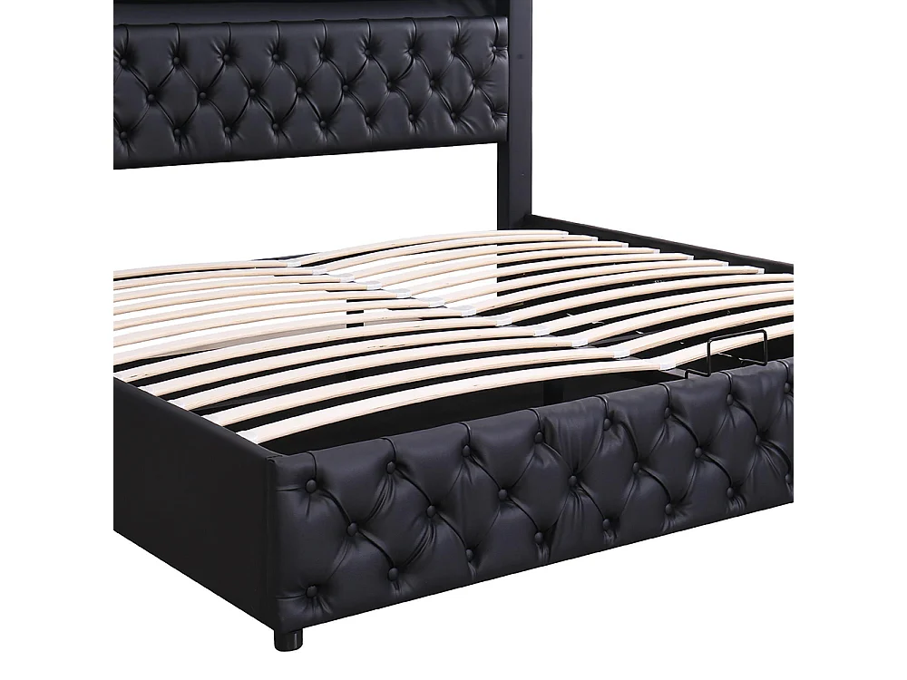 Lit adulte rembourré 140x190 cm, Lit coffre avec éclairage LED, sommier à lattes, rangement hydraulique, tissu en PU, noir