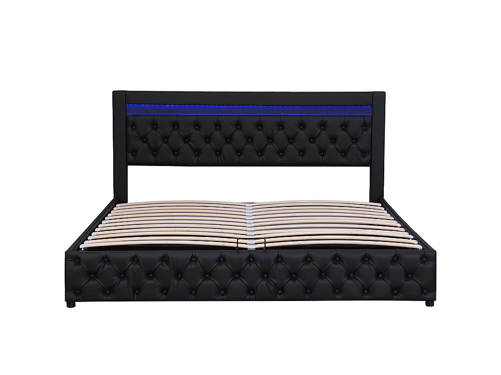 Lit adulte rembourré 140x190 cm, Lit coffre avec éclairage LED, sommier à lattes, rangement hydraulique, tissu en PU, noir