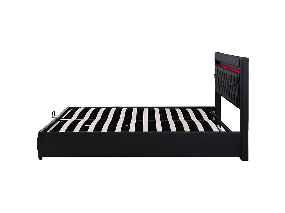 Lit adulte rembourré 140x190 cm, Lit coffre avec éclairage LED, sommier à lattes, rangement hydraulique, tissu en PU, noir
