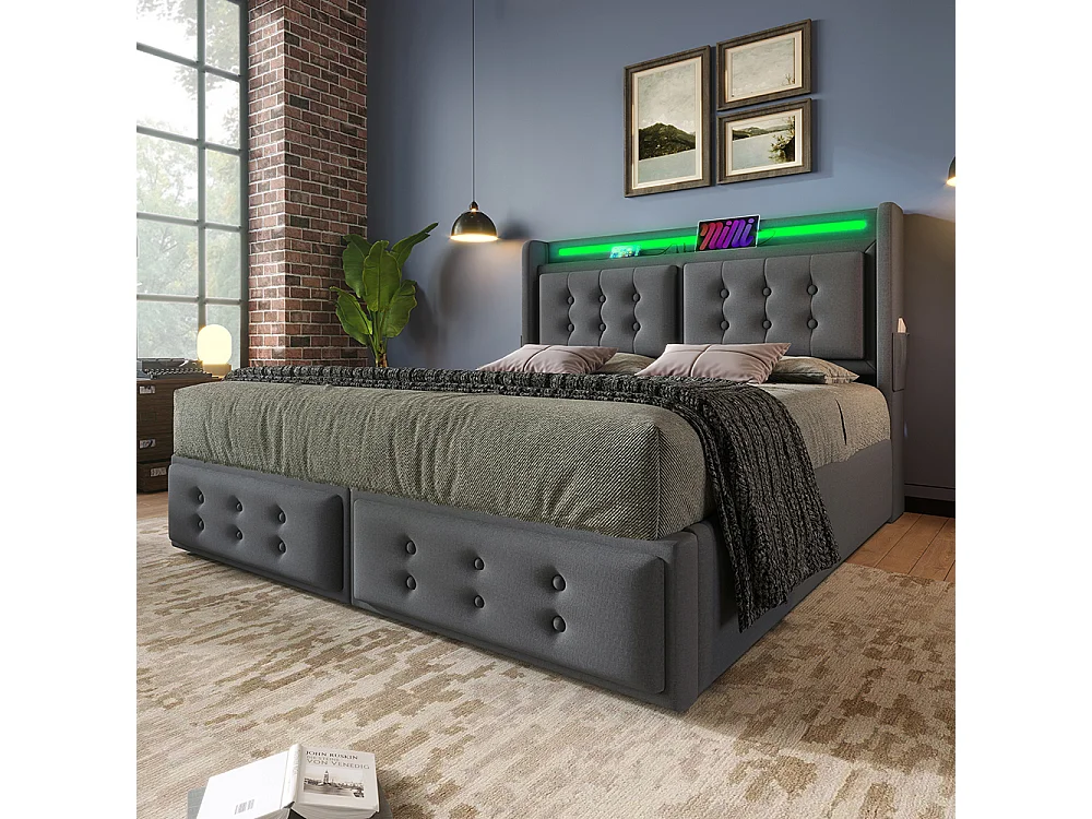 Lit Coffre 180 x 200 cm - avec LED et port USB-C - Tête de lit capitonné avec étagères ouvertes - Sommier à lattes - Gris - Coton
