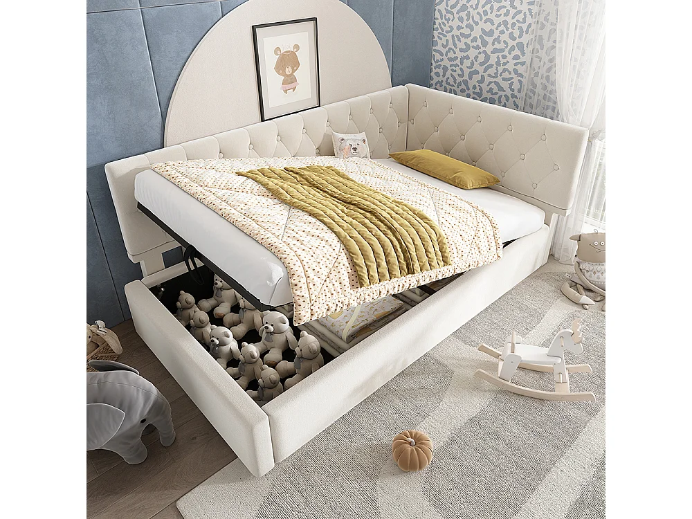 Lit coffre rembourré 90x190 cm - Canapé-lit avec rangement hydraulique - Lit enfant - Sommier à lattes - Velours - Beige