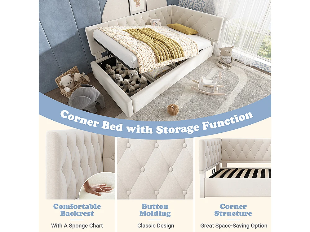 Lit coffre rembourré 90x190 cm - Canapé-lit avec rangement hydraulique - Lit enfant - Sommier à lattes - Velours - Beige