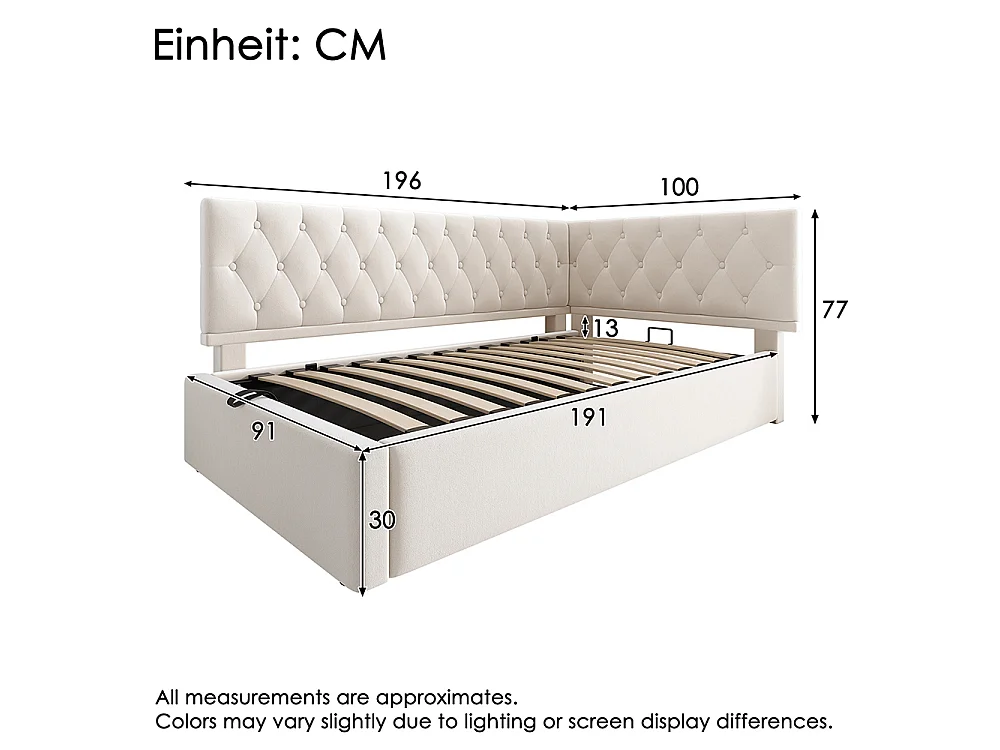 Lit coffre rembourré 90x190 cm - Canapé-lit avec rangement hydraulique - Lit enfant - Sommier à lattes - Velours - Beige