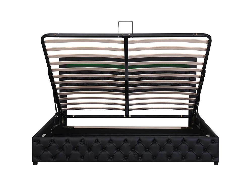 Lit adulte rembourré 160x200 cm, Lit coffre avec éclairage LED, sommier à lattes, rangement hydraulique, tissu en PU, noir